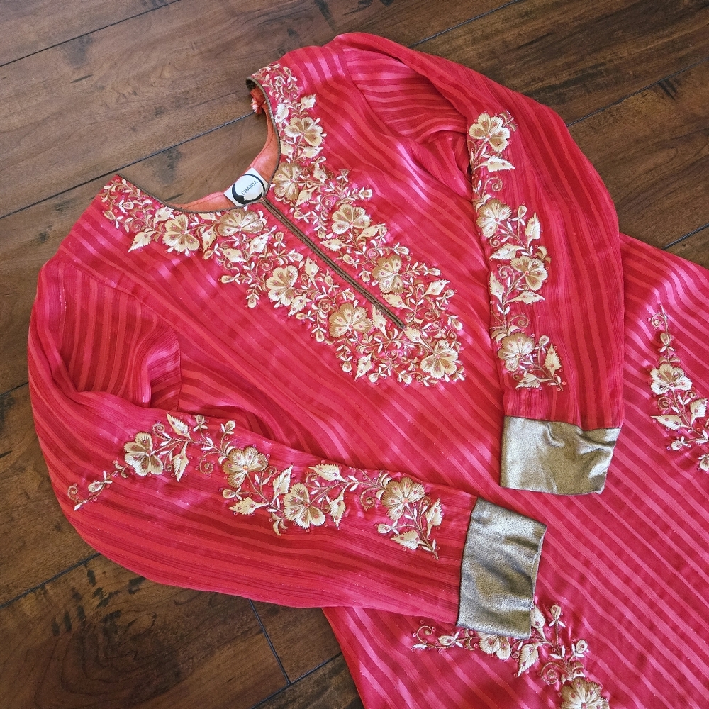Embroidered Salwar Kameez Dupatta Long Scarf Red Gold Chiffon Party Wear Dress - Picture 8 of 16